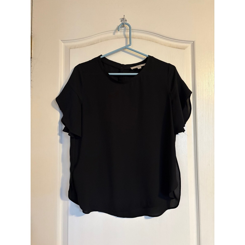 Ann Taylor Loft Petites Black Flutter Sleeve Sheer Blouse Crew Neck MP
